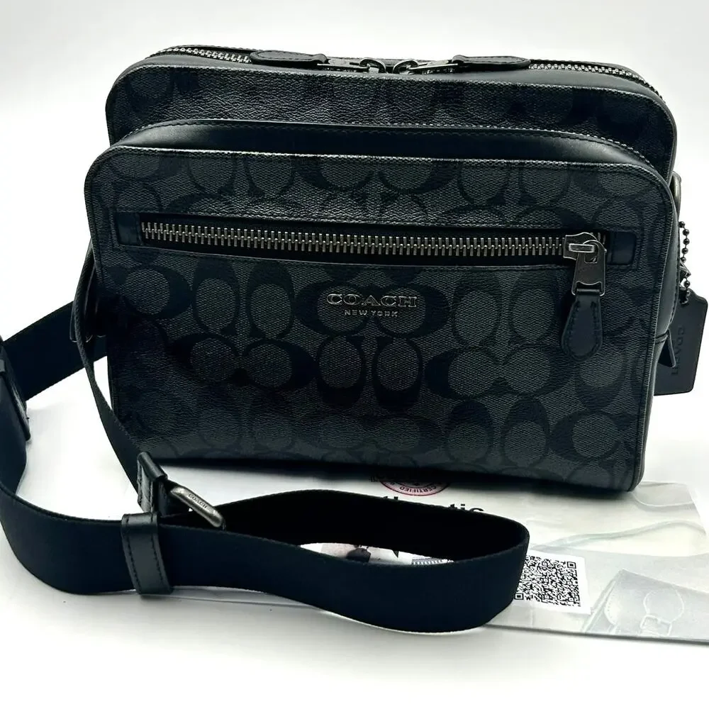 Authentic COACH 91485 West Camera Bag Signature Canvas Charcoal Black Crossbody